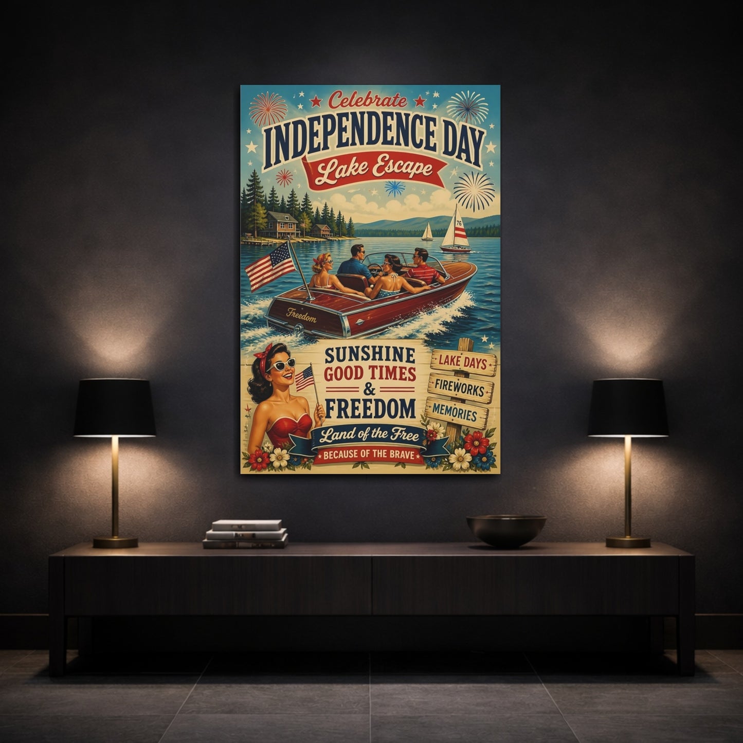 Mockup 3. Lake Motorboat Celebration shown as canvas print