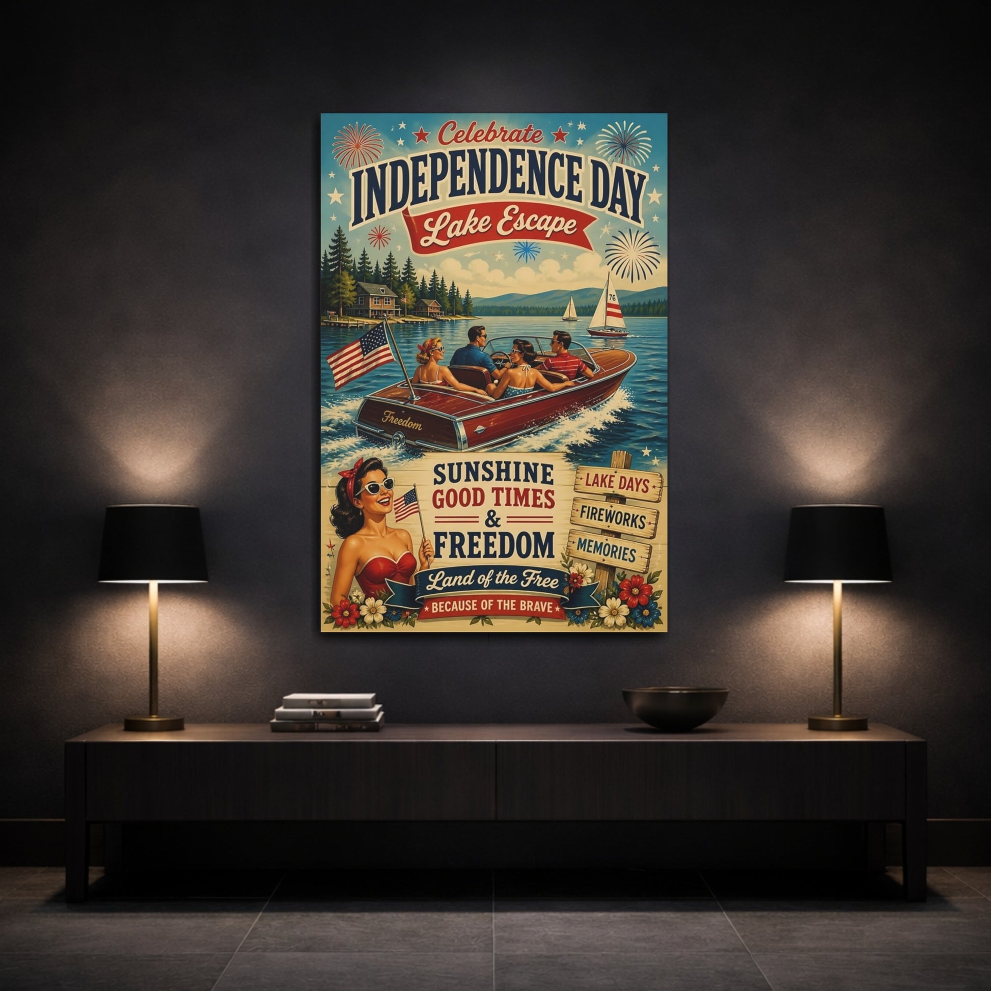 Mockup 3. Lake Motorboat Celebration shown as canvas print
