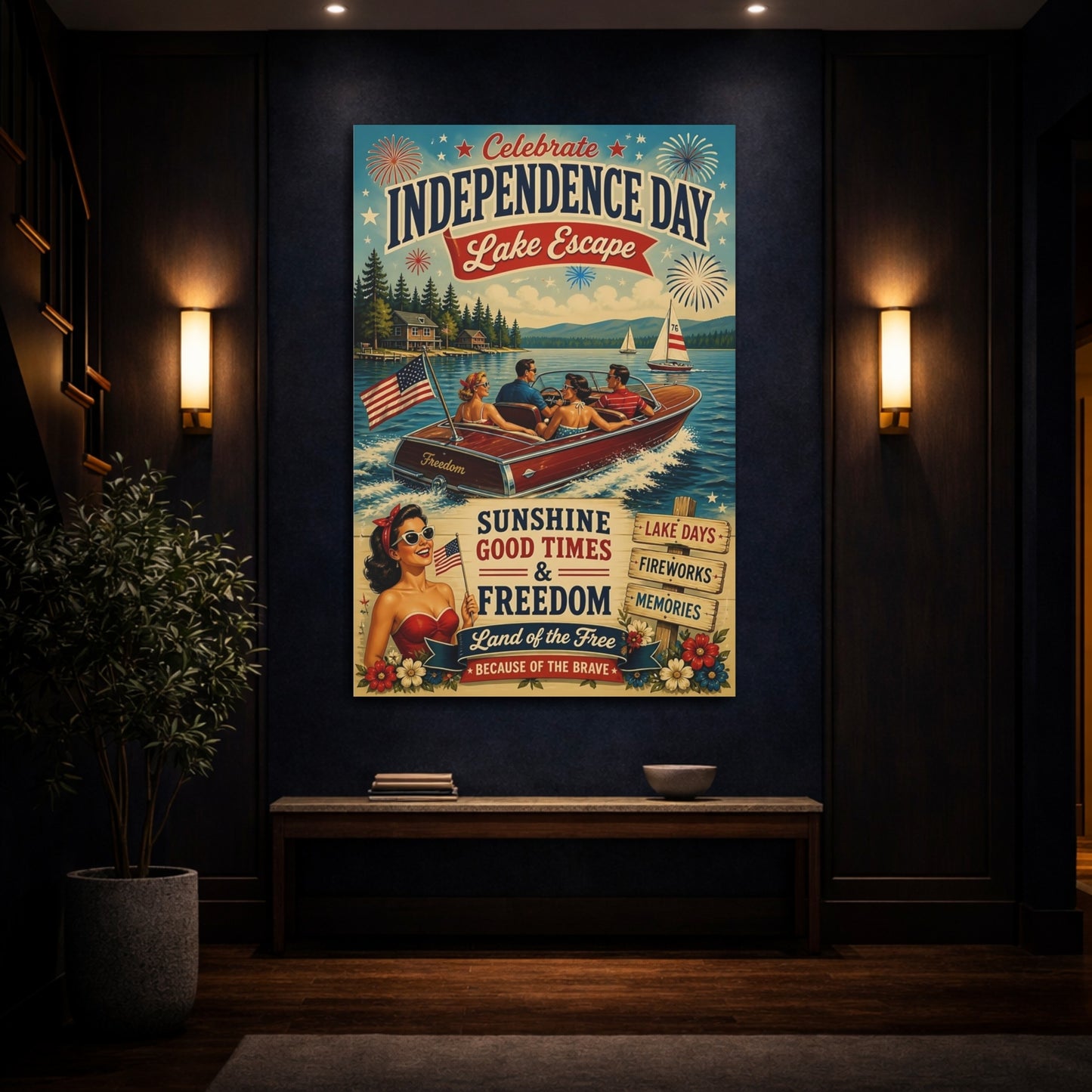 Mockup 4. Lake Motorboat Celebration shown as canvas print