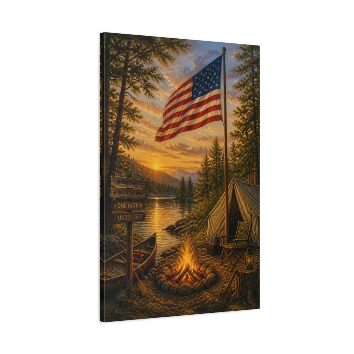 Main Mockup. Lakeside American Flag Camp shown as canvas print