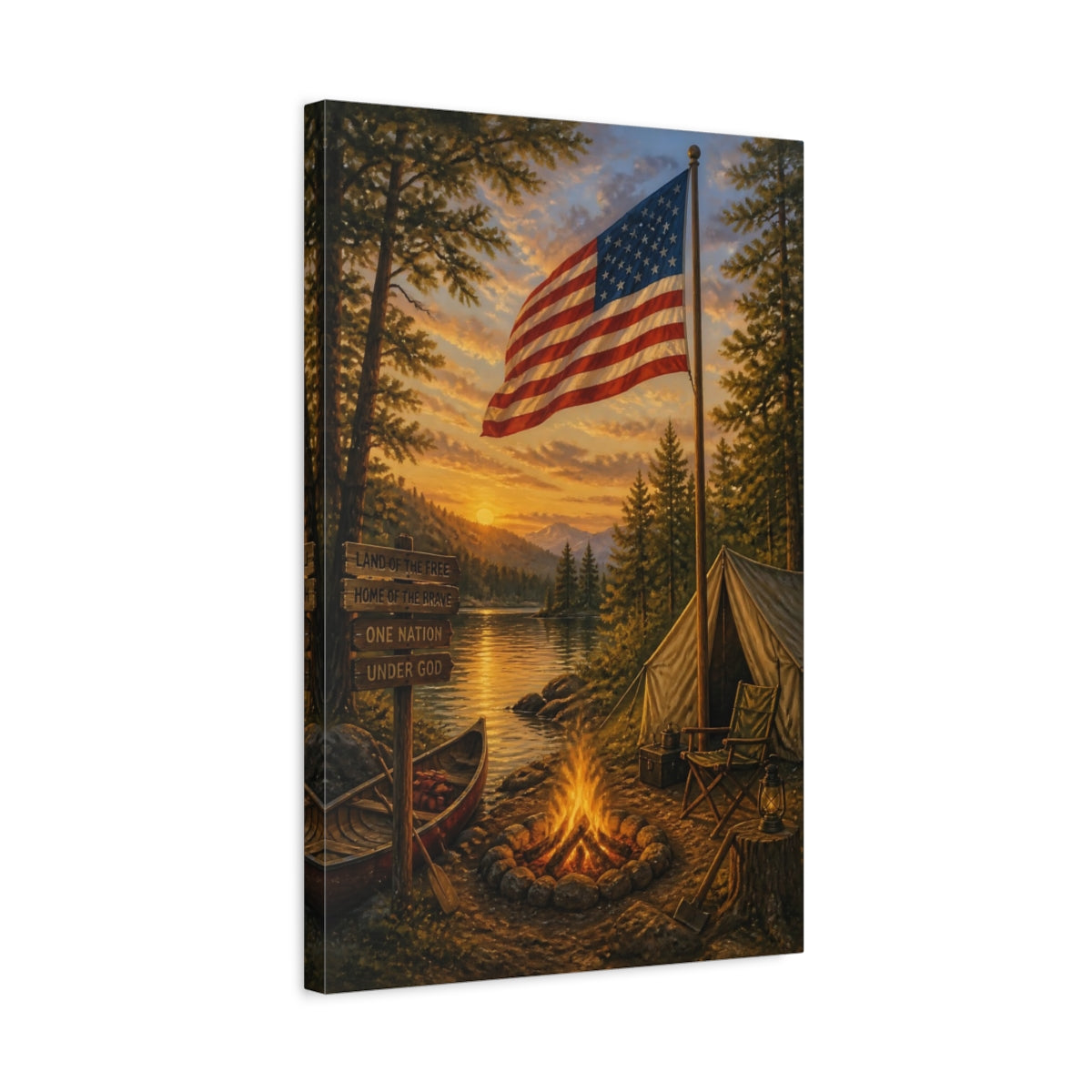 Side Mockup 3. Lakeside American Flag Camp shown as canvas print