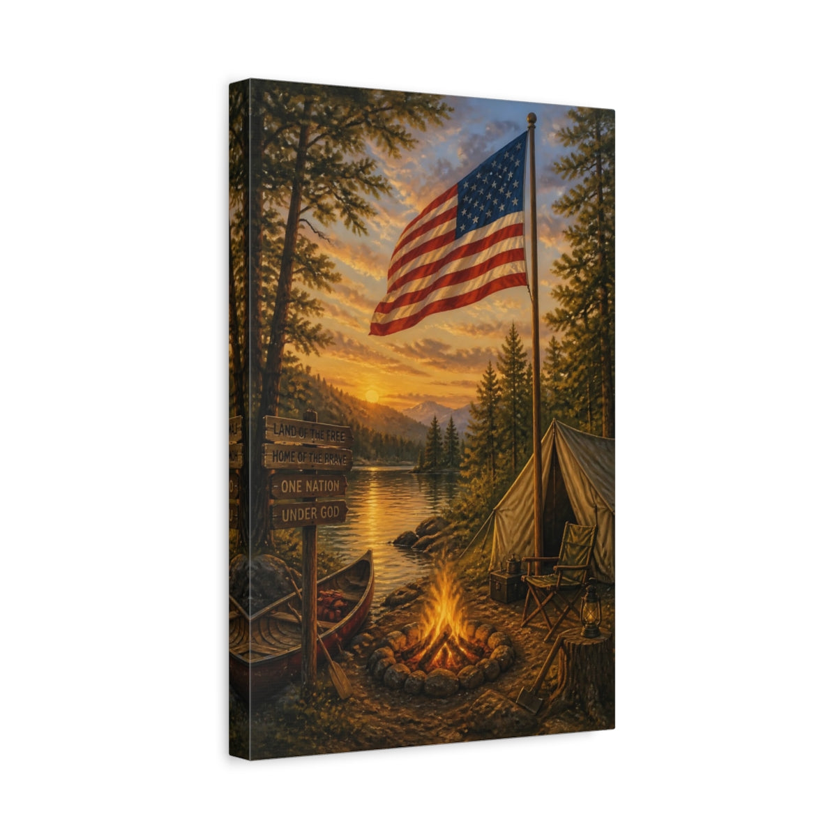 Side Mockup 4. Lakeside American Flag Camp shown as canvas print