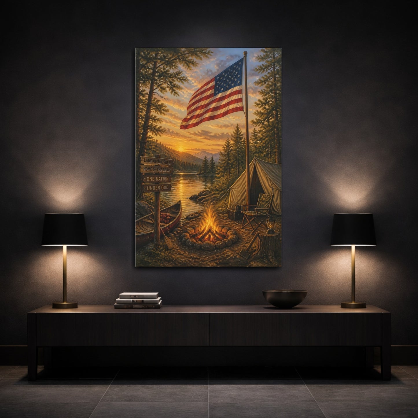 Mockup 3. Lakeside American Flag Camp shown as canvas print