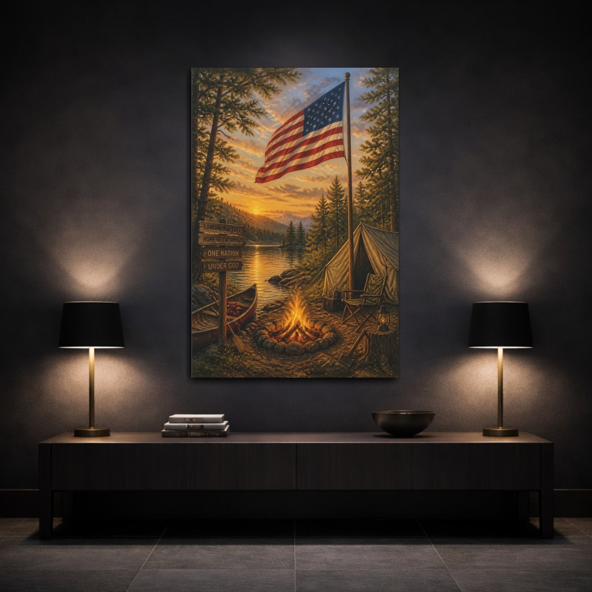 Mockup 3. Lakeside American Flag Camp shown as canvas print