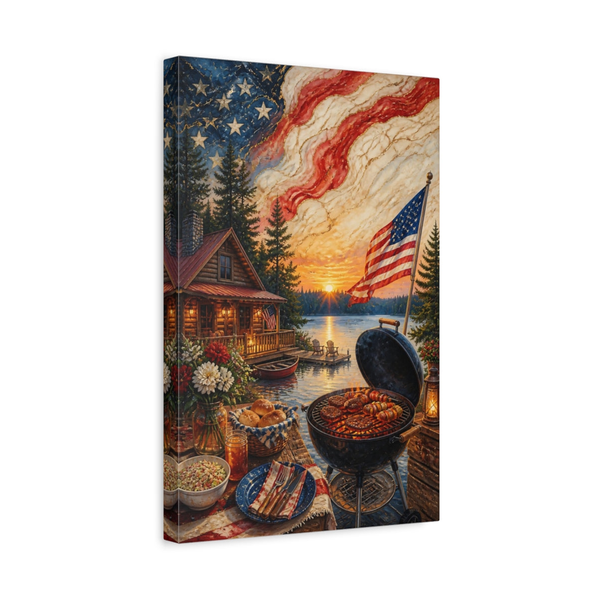 Side Mockup 4. Lakeside American Flag Sunset shown as canvas print