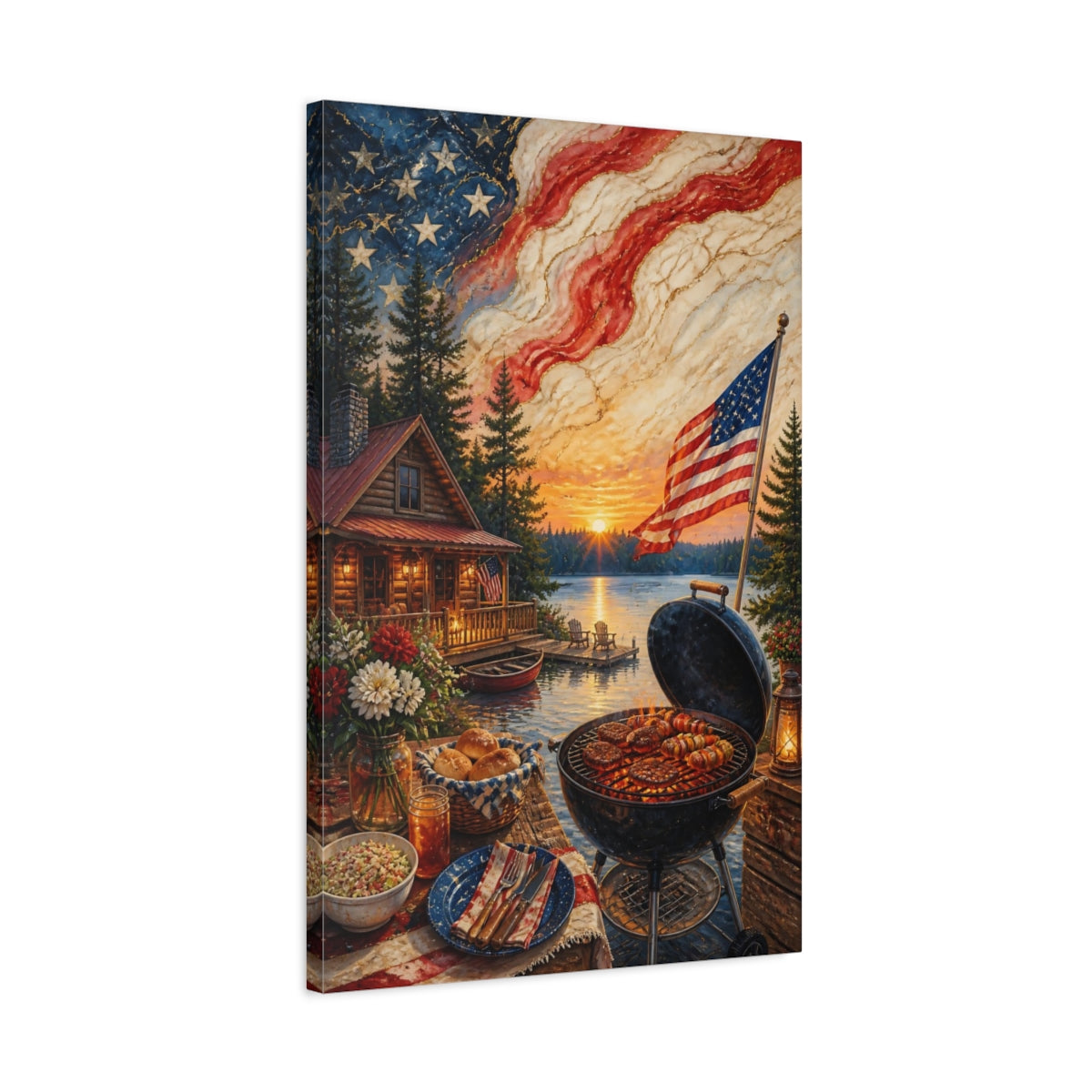 Side Mockup 2. Lakeside American Flag Sunset shown as canvas print
