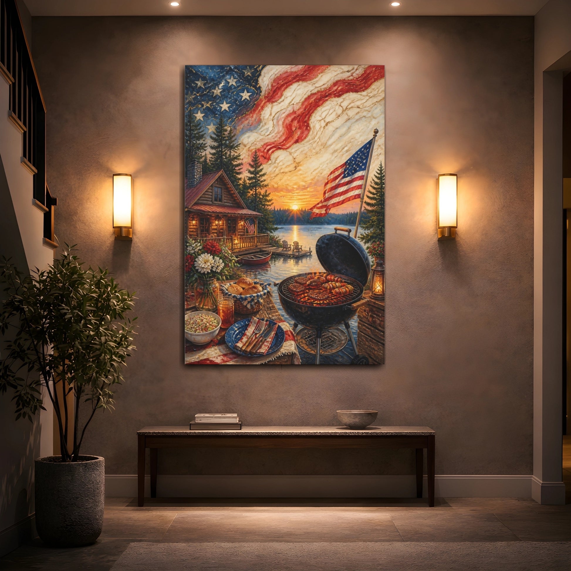 Mockup 2. Lakeside American Flag Sunset shown as canvas print