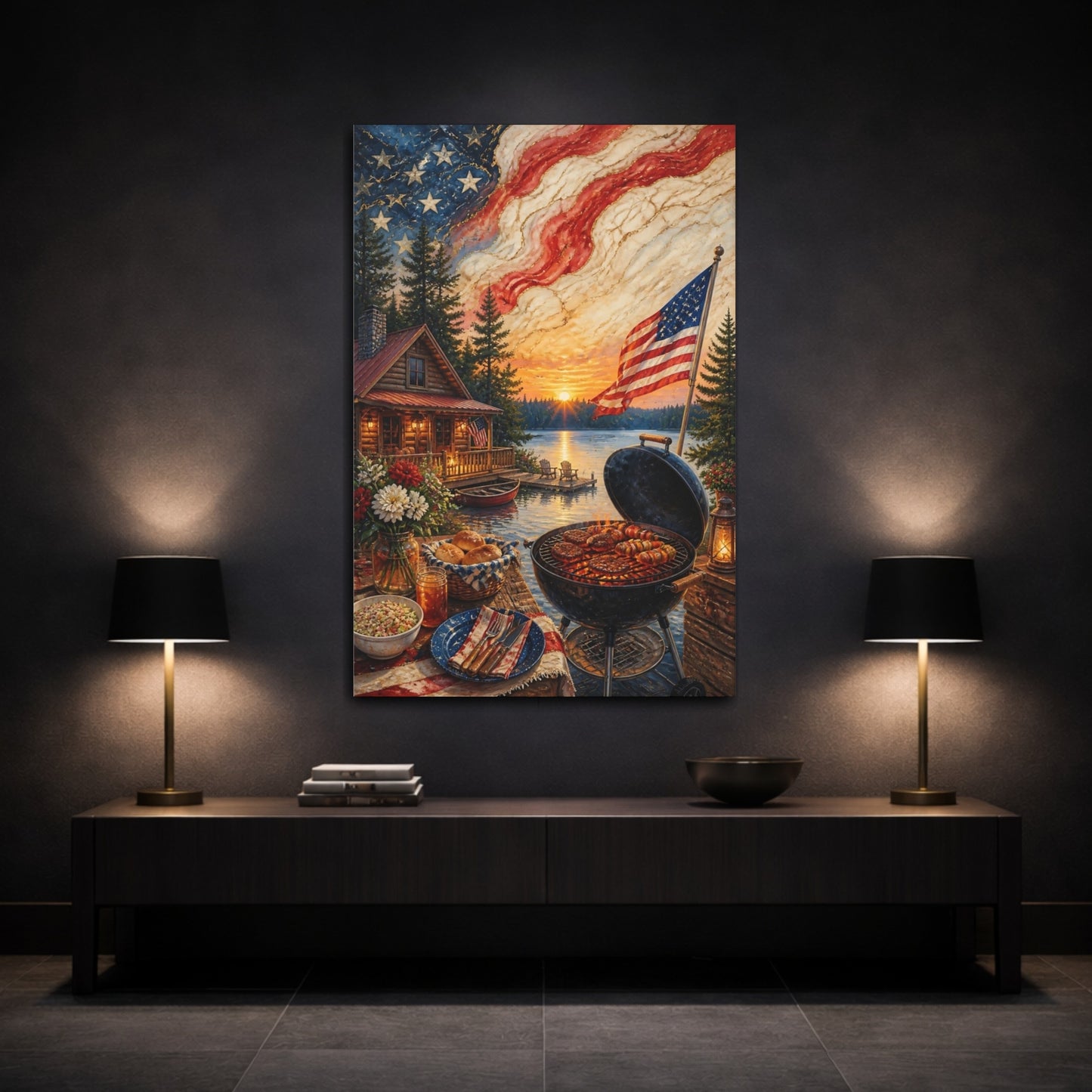 Mockup 3. Lakeside American Flag Sunset shown as canvas print