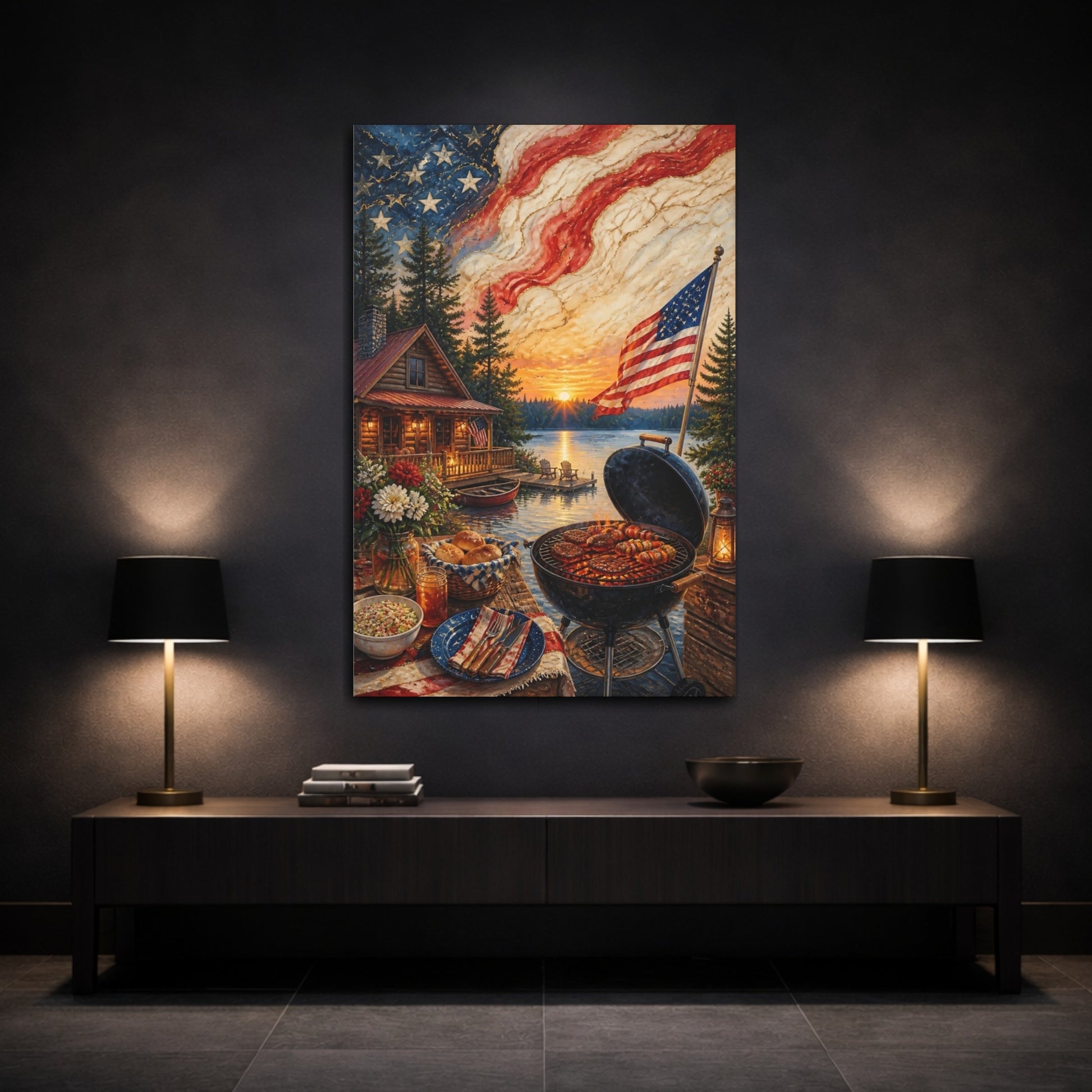 Mockup 3. Lakeside American Flag Sunset shown as canvas print