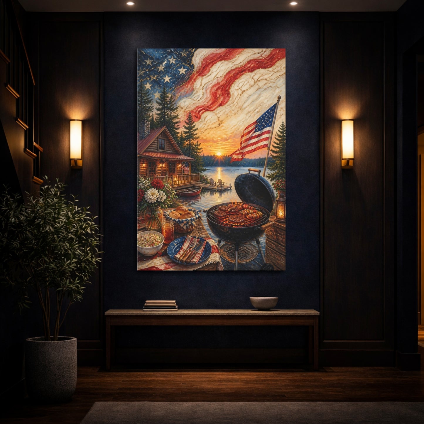 Mockup 4. Lakeside American Flag Sunset shown as canvas print