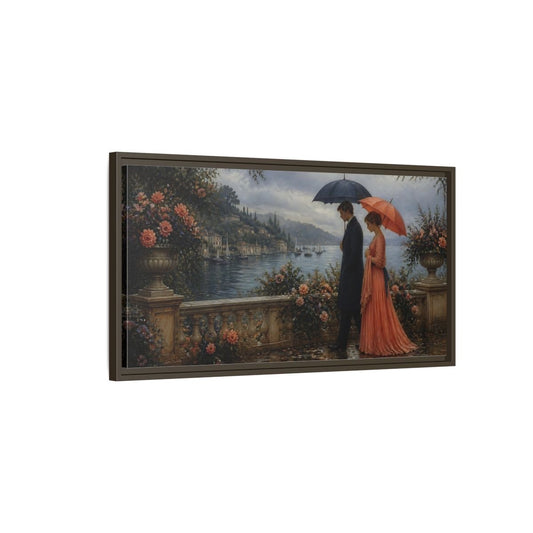Lakeside Couple With Umbrellas Framed Canvas Print Wall Art – Living Room Decor, Above Fireplace - YesArtYes