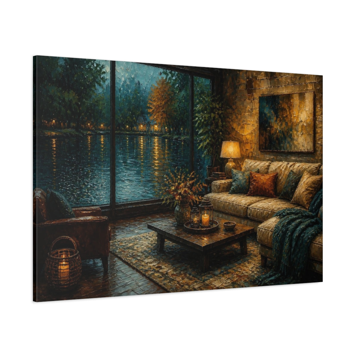 Side Mockup 1. Lakeside Living Room Sofa shown as canvas print
