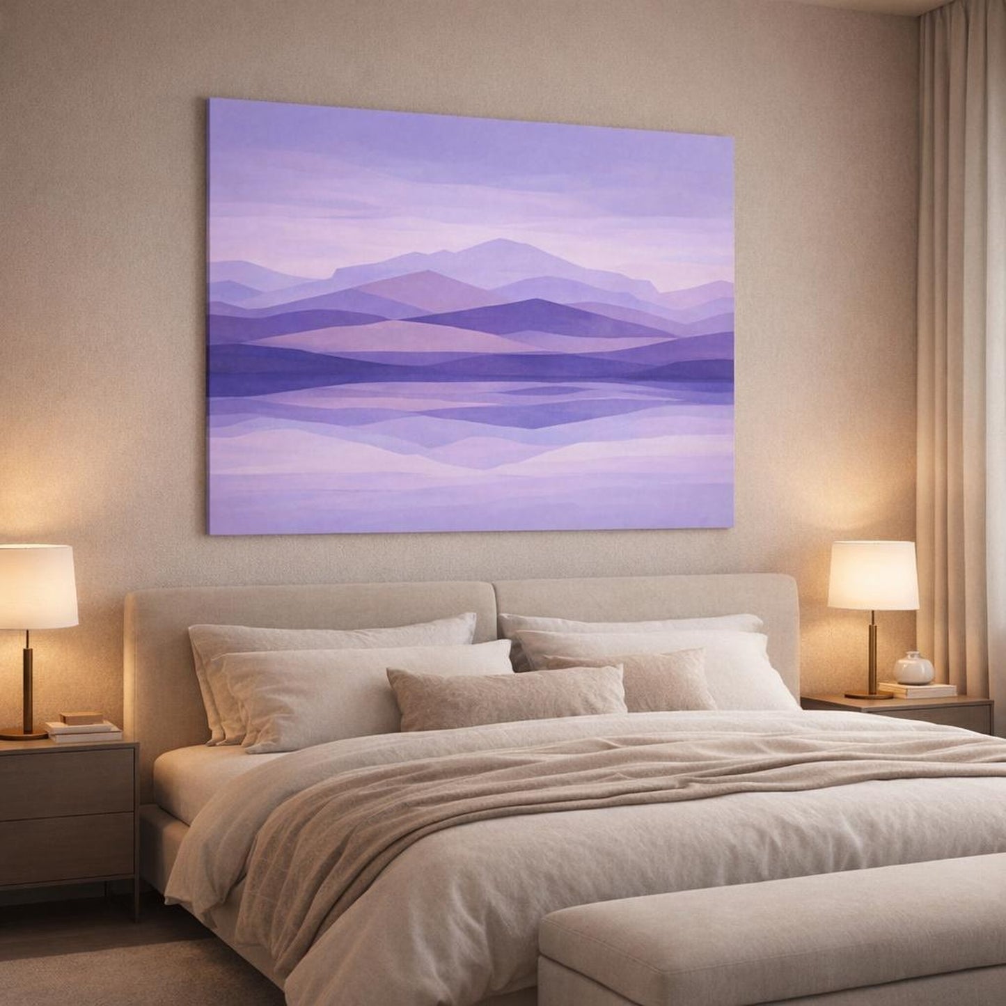 Landscape Abstract Purple shown as canvas wall art in a luxury bedroom