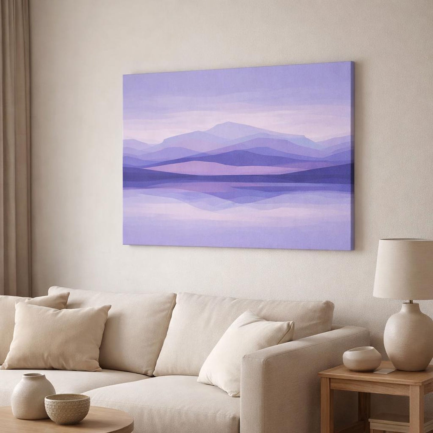 Landscape Abstract Purple shown as canvas wall art in a modern living room