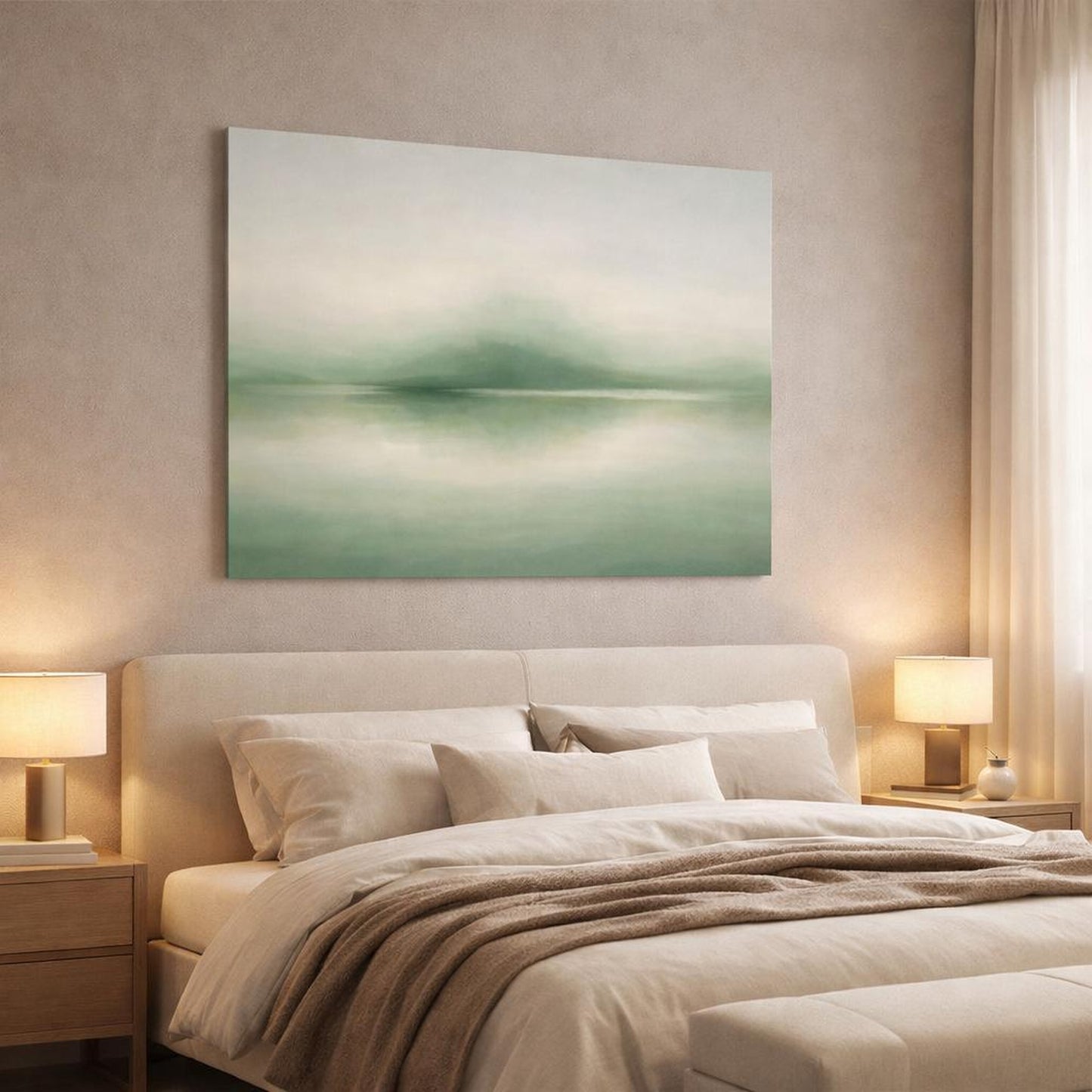Landscape Abstract Sage shown as canvas wall art in a luxury bedroom