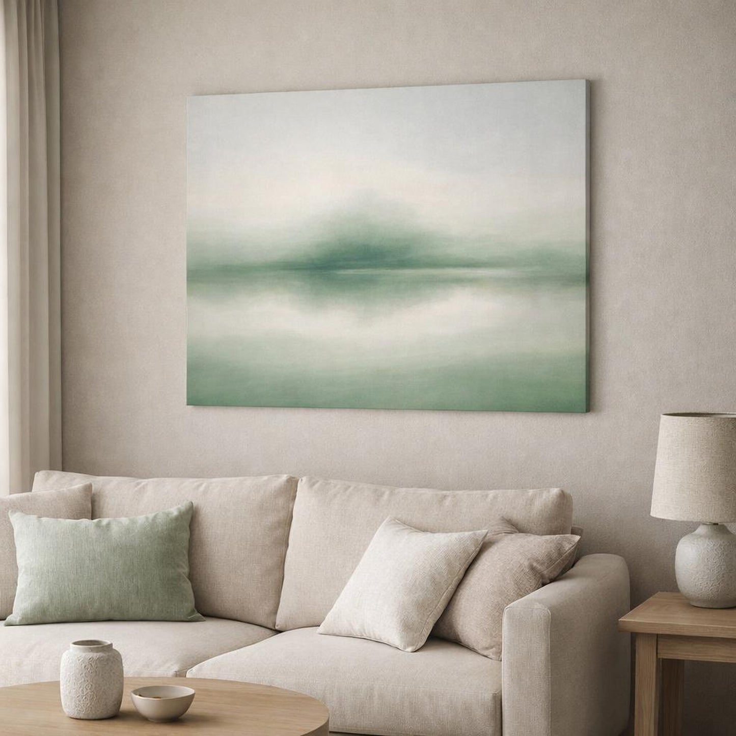 Landscape Abstract Sage shown as canvas wall art in a modern living room
