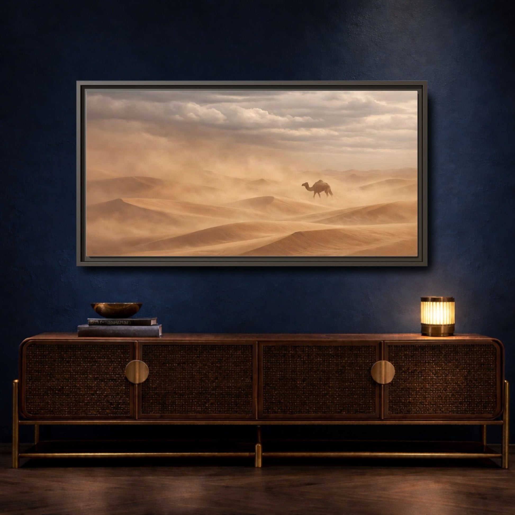 Landscape Animals Camel Brown And Grey - Framed Canvas Wall Art Print - YesArtYes