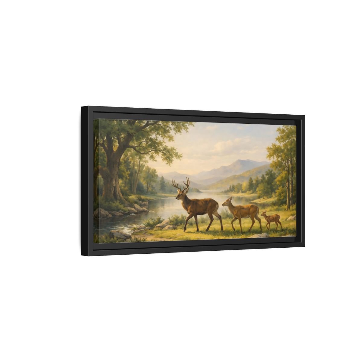 Landscape Animals Deer Green And Brown - Framed Canvas Wall Art Print - YesArtYes