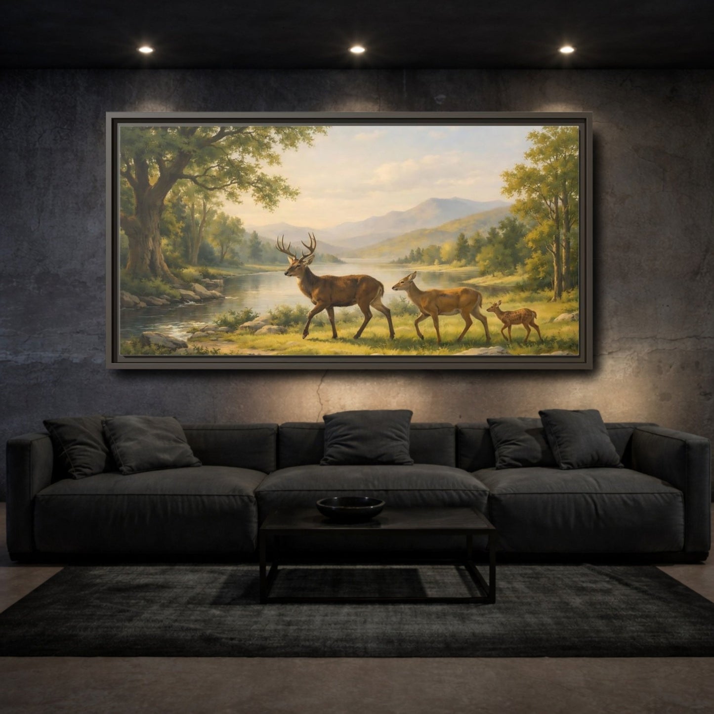 Landscape Animals Deer Green And Brown - Framed Canvas Wall Art Print - YesArtYes