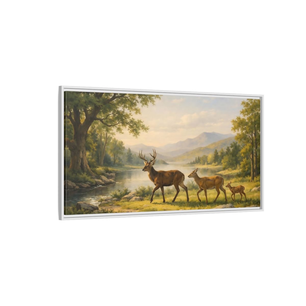 Landscape Animals Deer Green And Brown - Framed Canvas Wall Art Print - YesArtYes