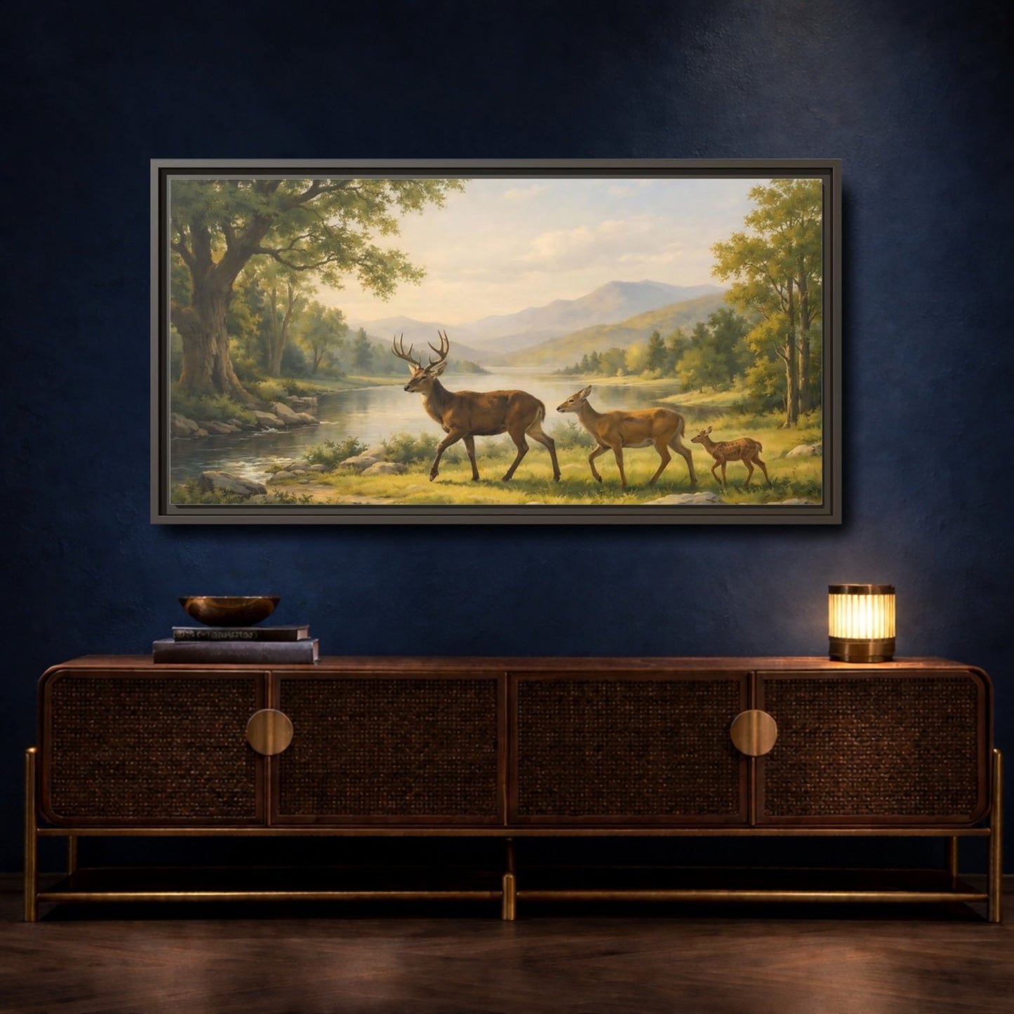 Landscape Animals Deer Green And Brown - Framed Canvas Wall Art Print - YesArtYes
