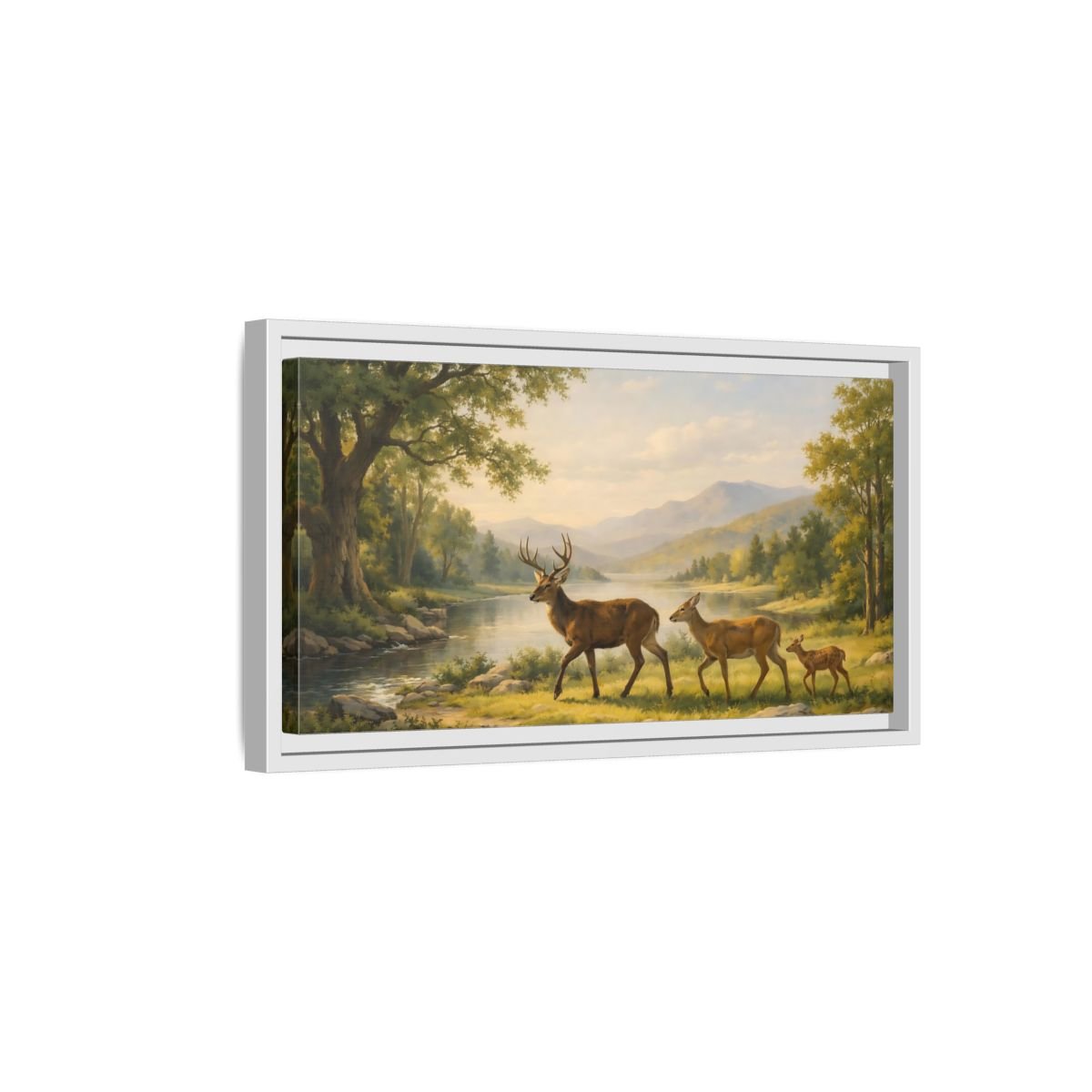 Landscape Animals Deer Green And Brown - Framed Canvas Wall Art Print - YesArtYes