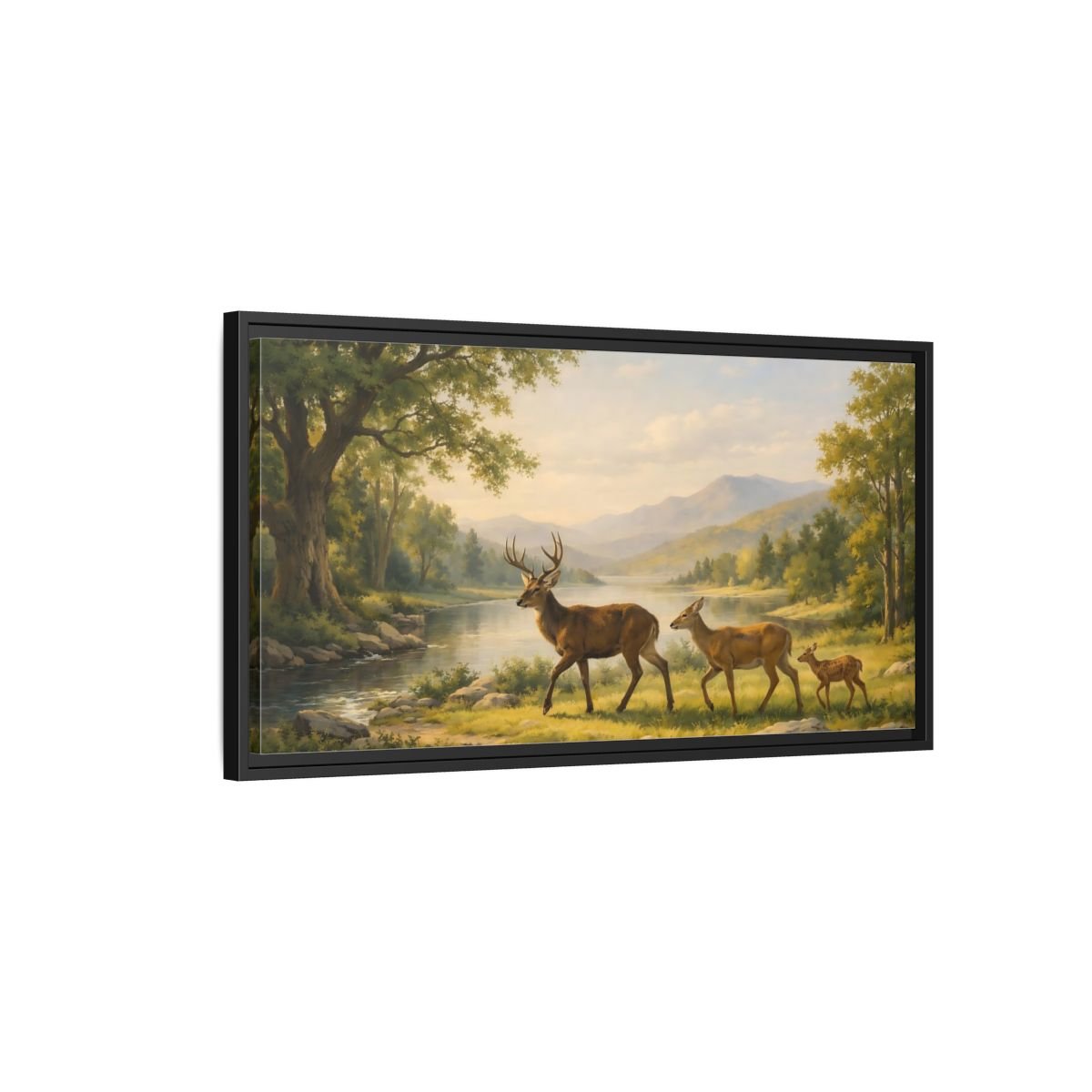 Landscape Animals Deer Green And Brown - Framed Canvas Wall Art Print - YesArtYes
