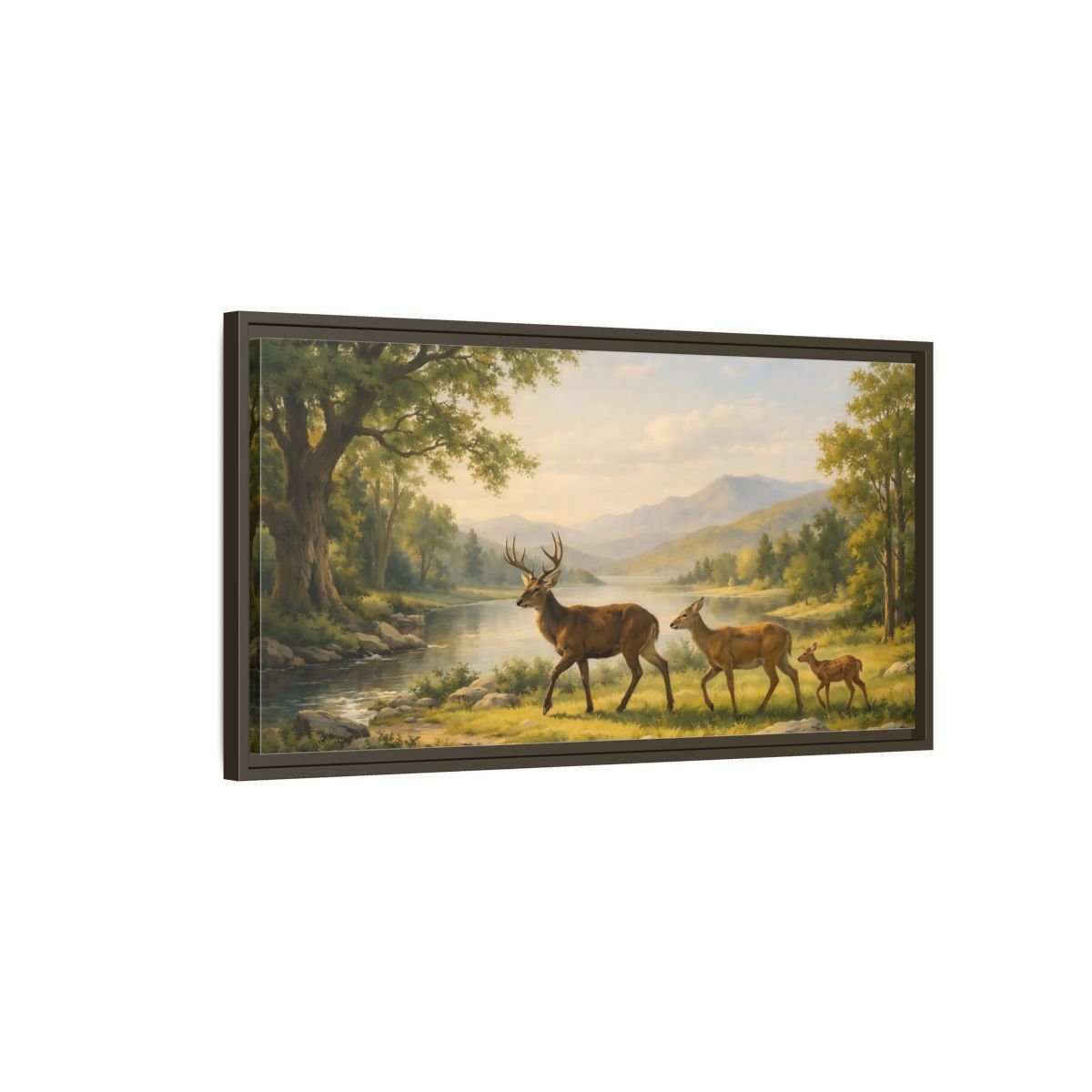Landscape Animals Deer Green And Brown - Framed Canvas Wall Art Print - YesArtYes