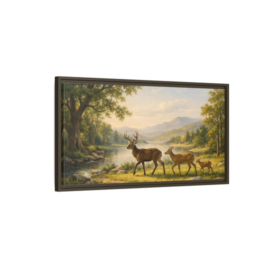 Landscape Animals Deer Green And Brown - Framed Canvas Wall Art Print - YesArtYes