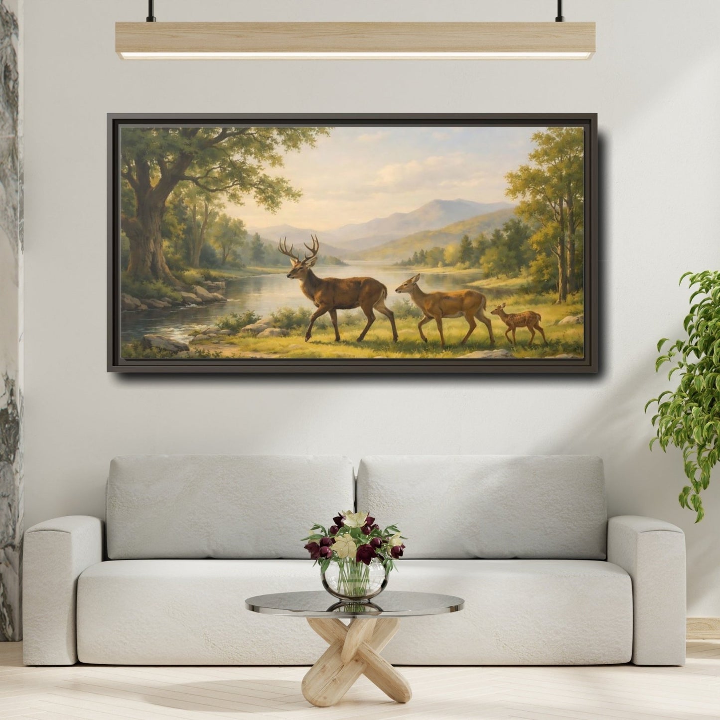 Landscape Animals Deer Green And Brown - Framed Canvas Wall Art Print - YesArtYes