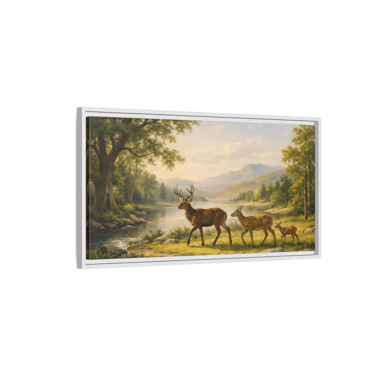 Landscape Animals Deer Green And Brown - Framed Canvas Wall Art Print - YesArtYes