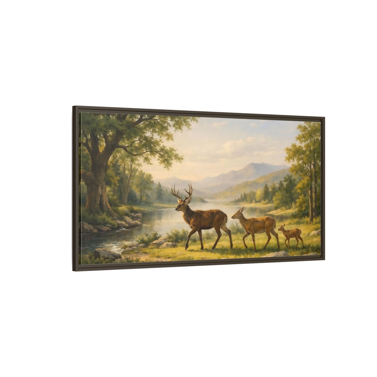 Landscape Animals Deer Green And Brown - Framed Canvas Wall Art Print - YesArtYes