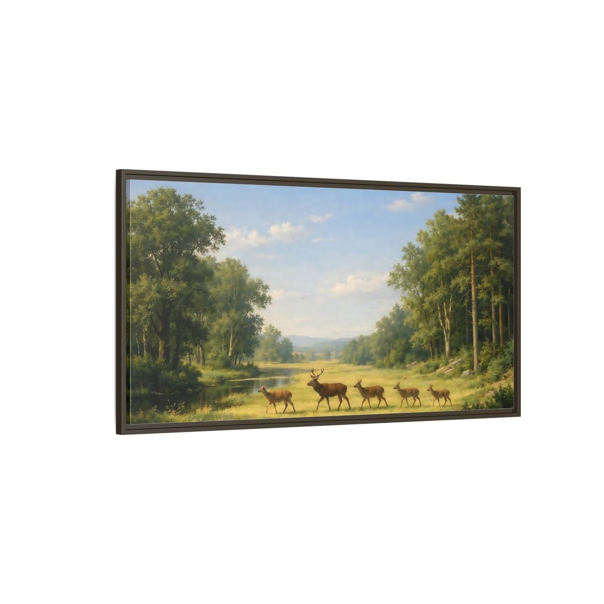 Landscape Animals Deer Green Forest - Framed Canvas Wall Art Print - YesArtYes