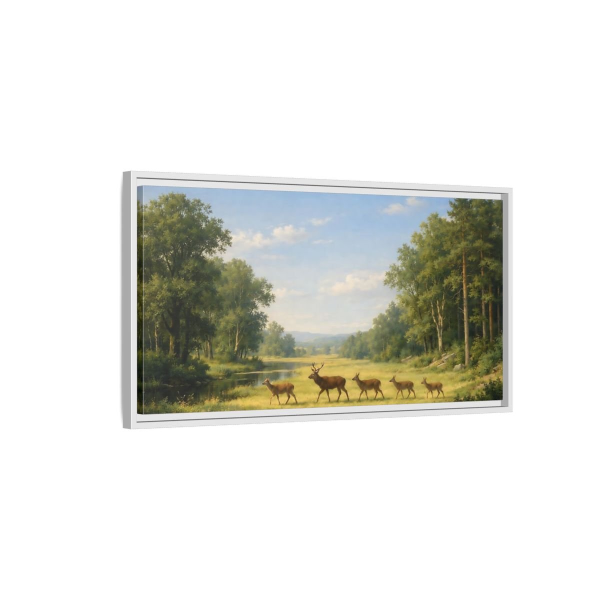 Landscape Animals Deer Green Forest - Framed Canvas Wall Art Print - YesArtYes