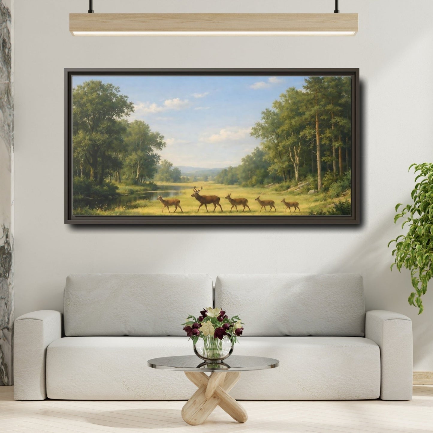 Landscape Animals Deer Green Forest - Framed Canvas Wall Art Print - YesArtYes