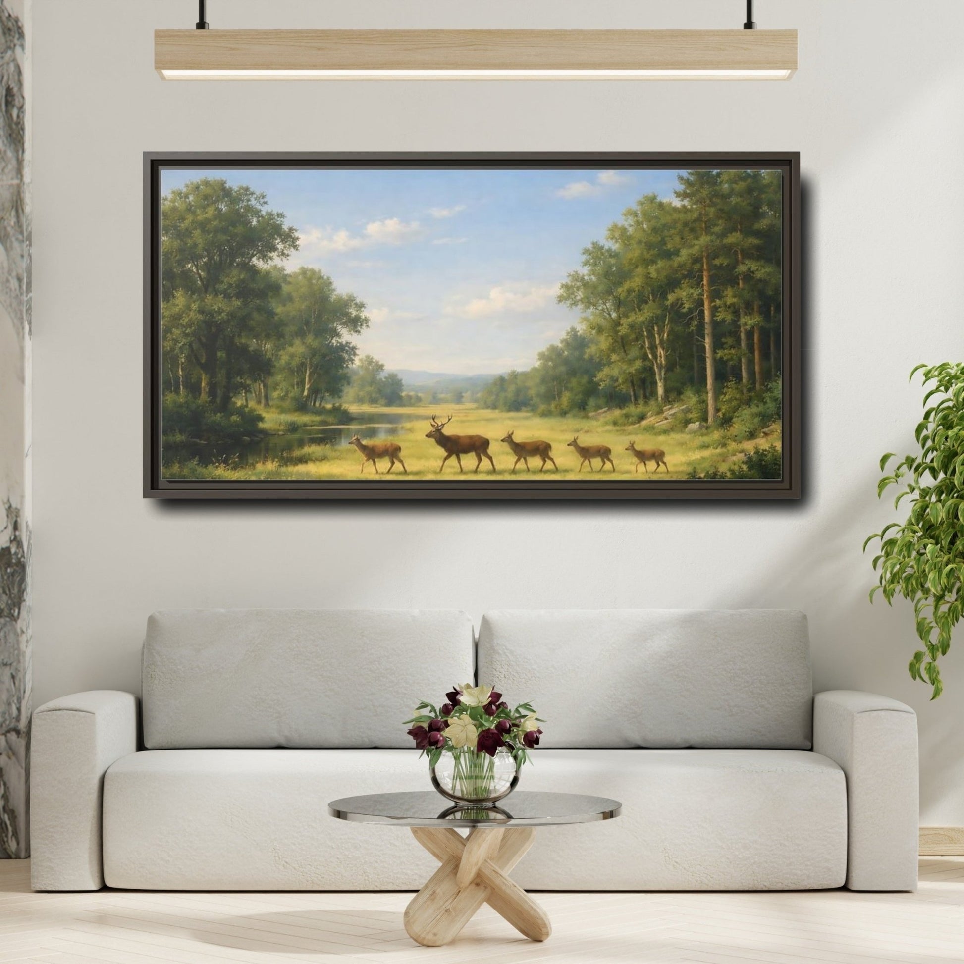 Landscape Animals Deer Green Forest - Framed Canvas Wall Art Print - YesArtYes