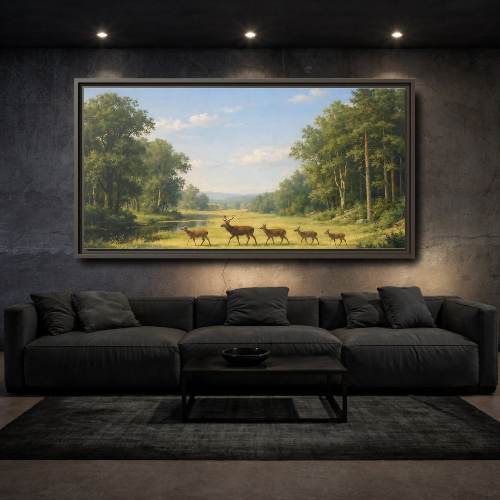 Landscape Animals Deer Green Forest - Framed Canvas Wall Art Print - YesArtYes