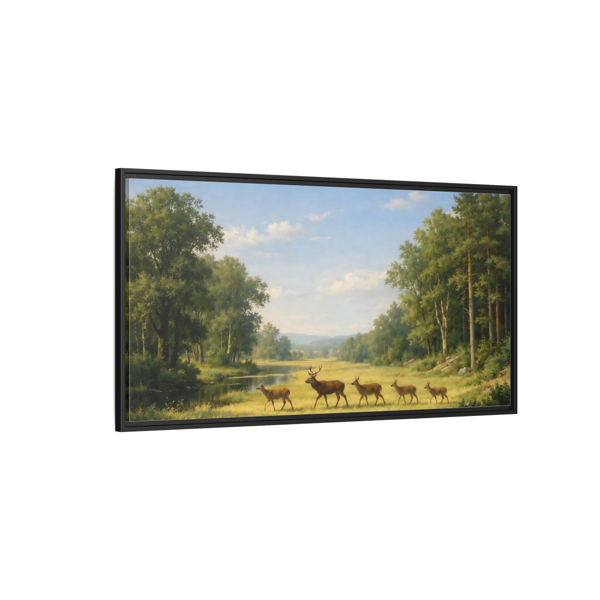 Side Mockup 5. Animals Deer Green Forest Deer shown as stretched canvas wall art