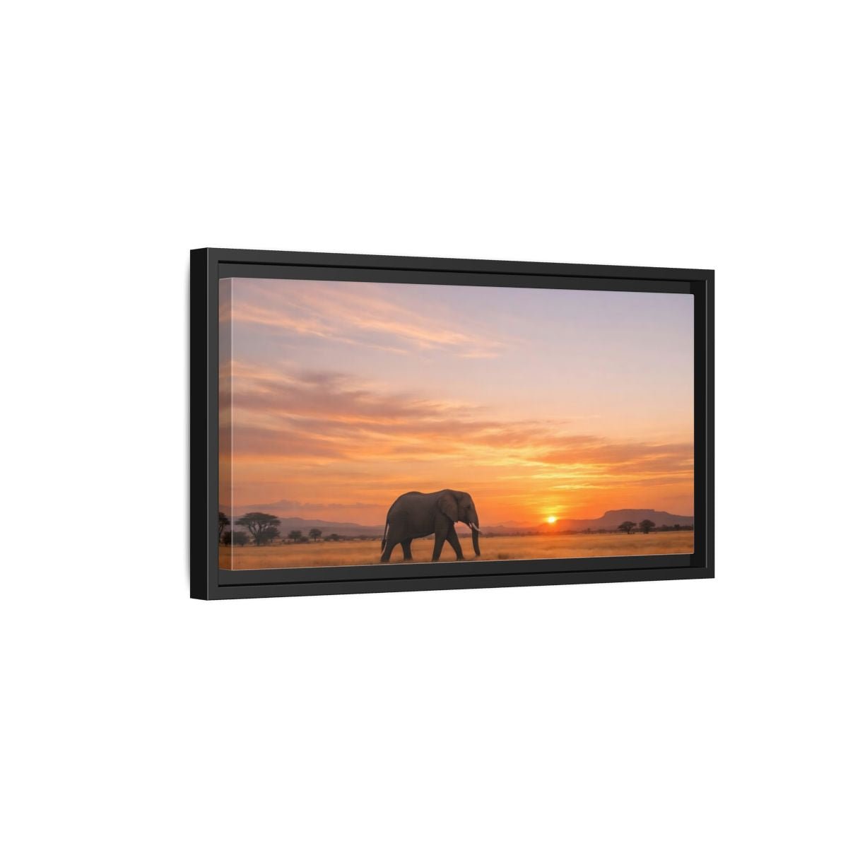 Landscape Animals Elephant Golden Sunset - Framed Canvas Wall Art Print - YesArtYes