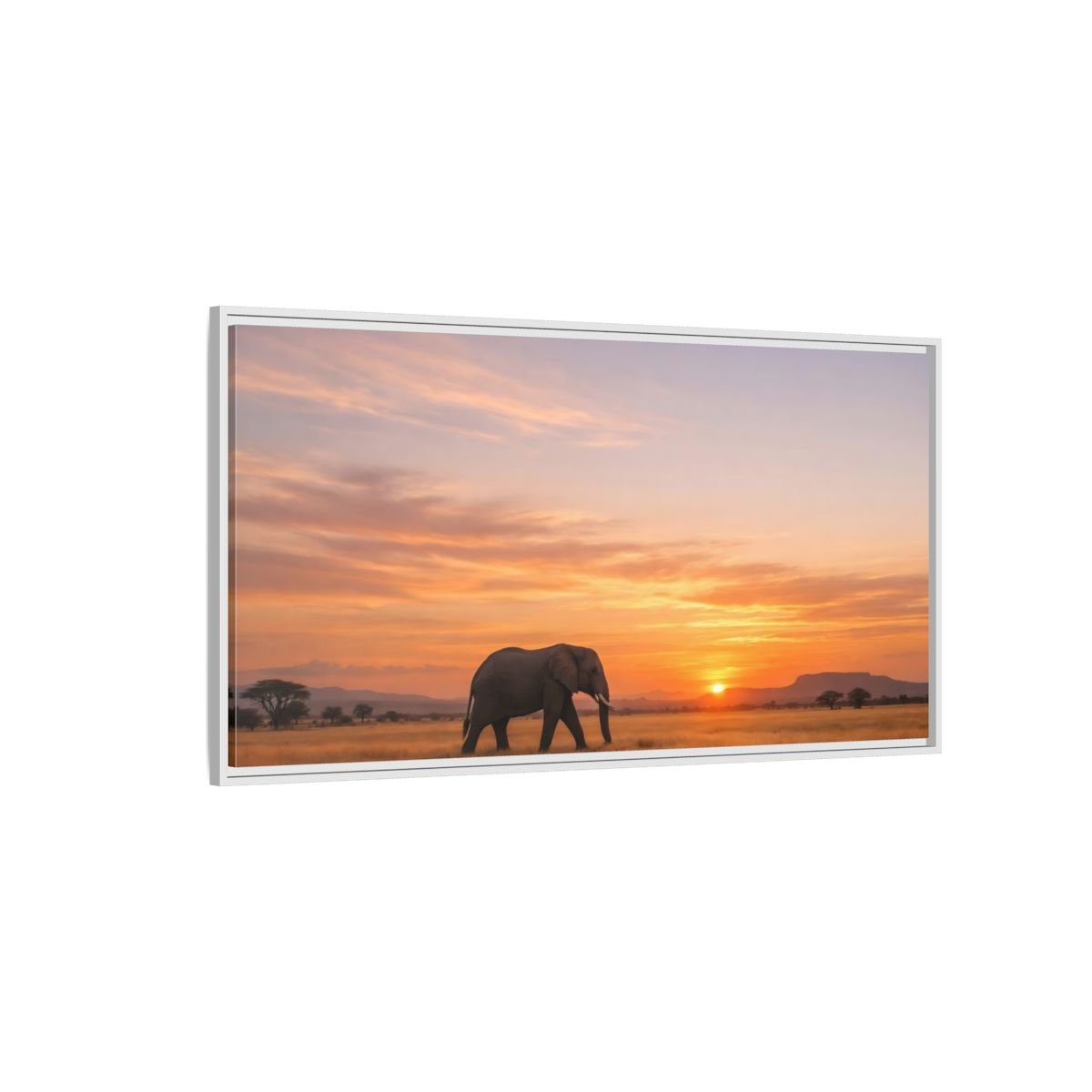 Landscape Animals Elephant Golden Sunset - Framed Canvas Wall Art Print - YesArtYes