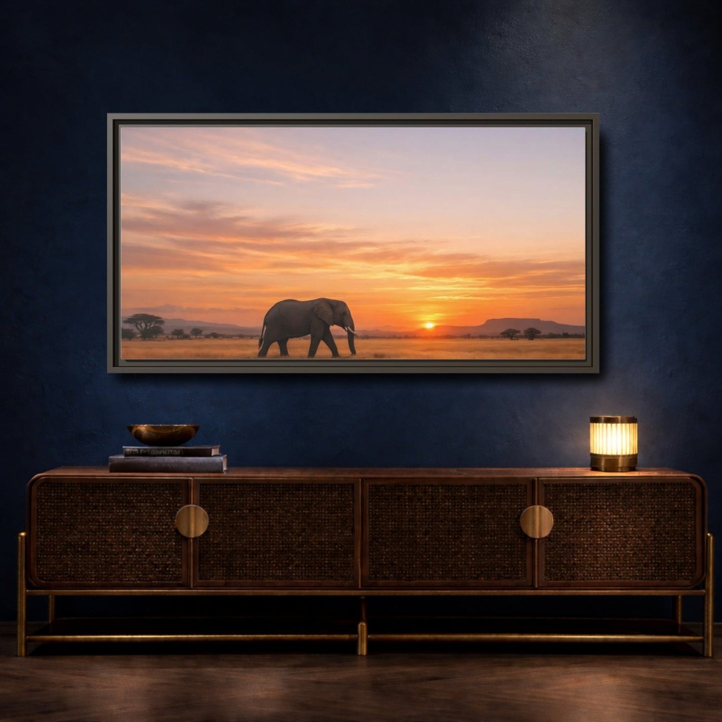 Landscape Animals Elephant Golden Sunset - Framed Canvas Wall Art Print - YesArtYes