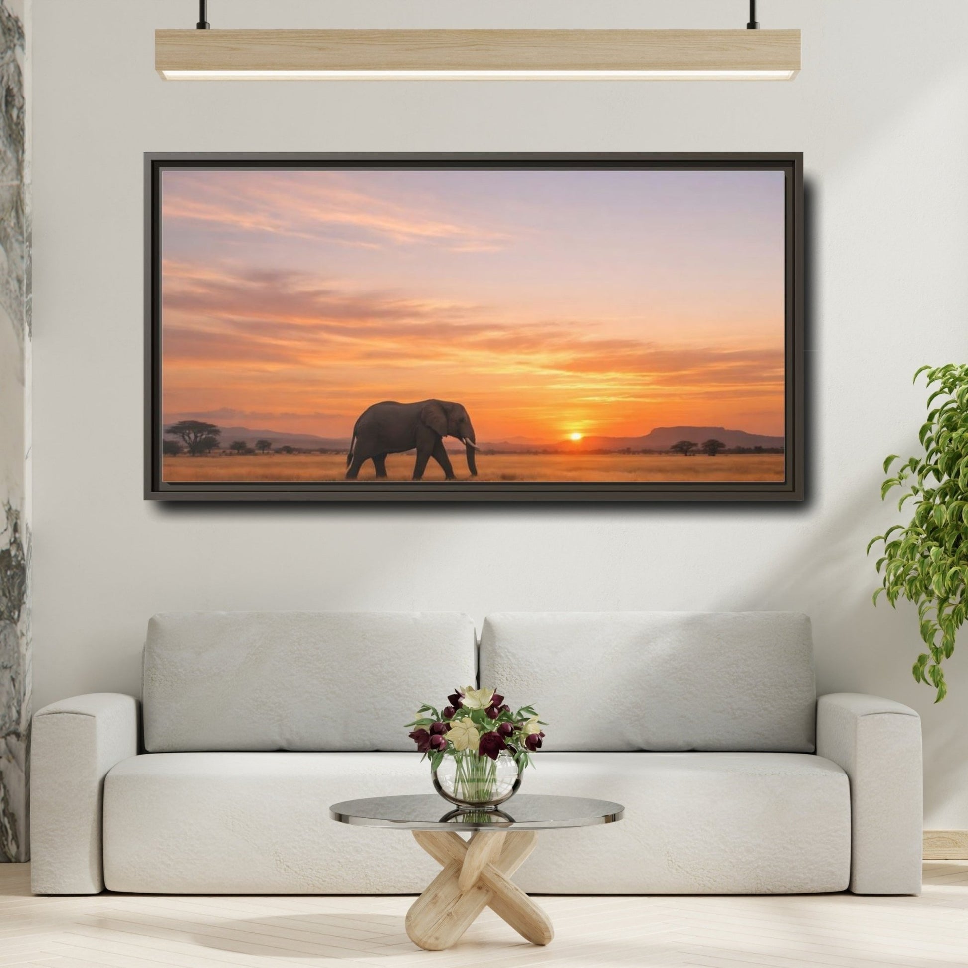 Landscape Animals Elephant Golden Sunset - Framed Canvas Wall Art Print - YesArtYes