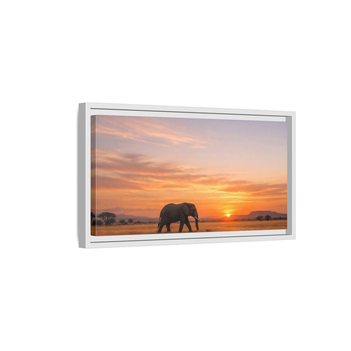 Landscape Animals Elephant Golden Sunset - Framed Canvas Wall Art Print - YesArtYes