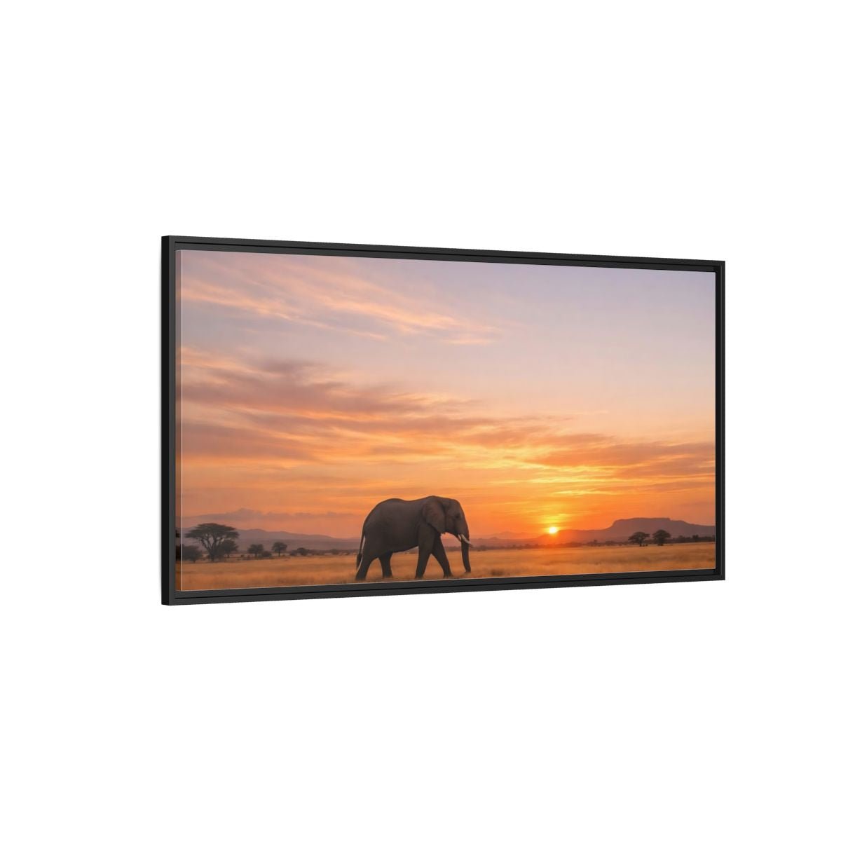 Landscape Animals Elephant Golden Sunset - Framed Canvas Wall Art Print - YesArtYes