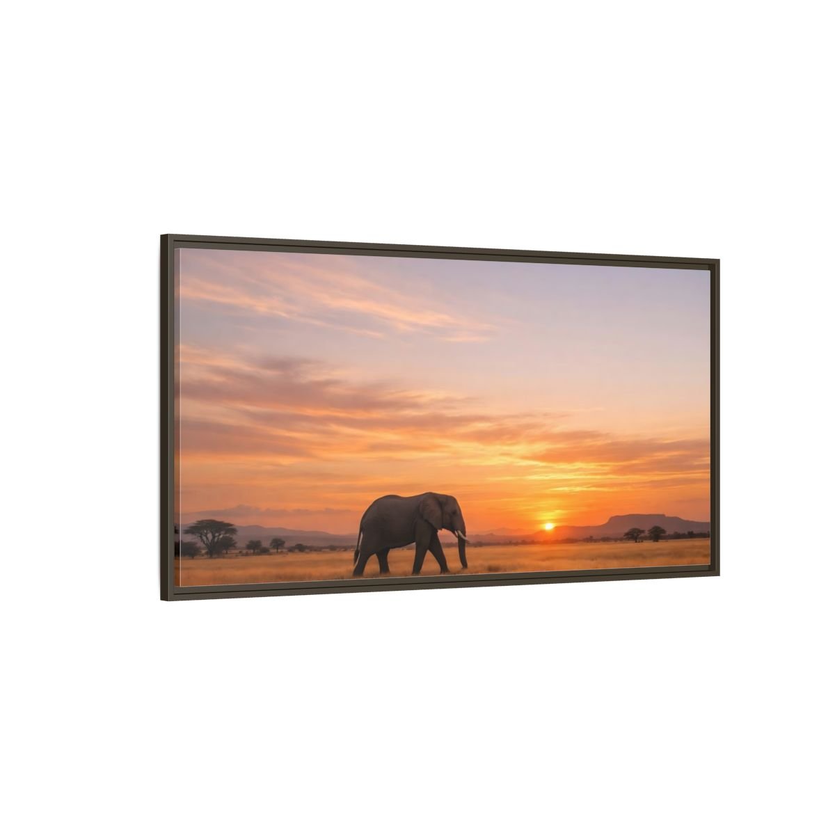 Landscape Animals Elephant Golden Sunset - Framed Canvas Wall Art Print - YesArtYes
