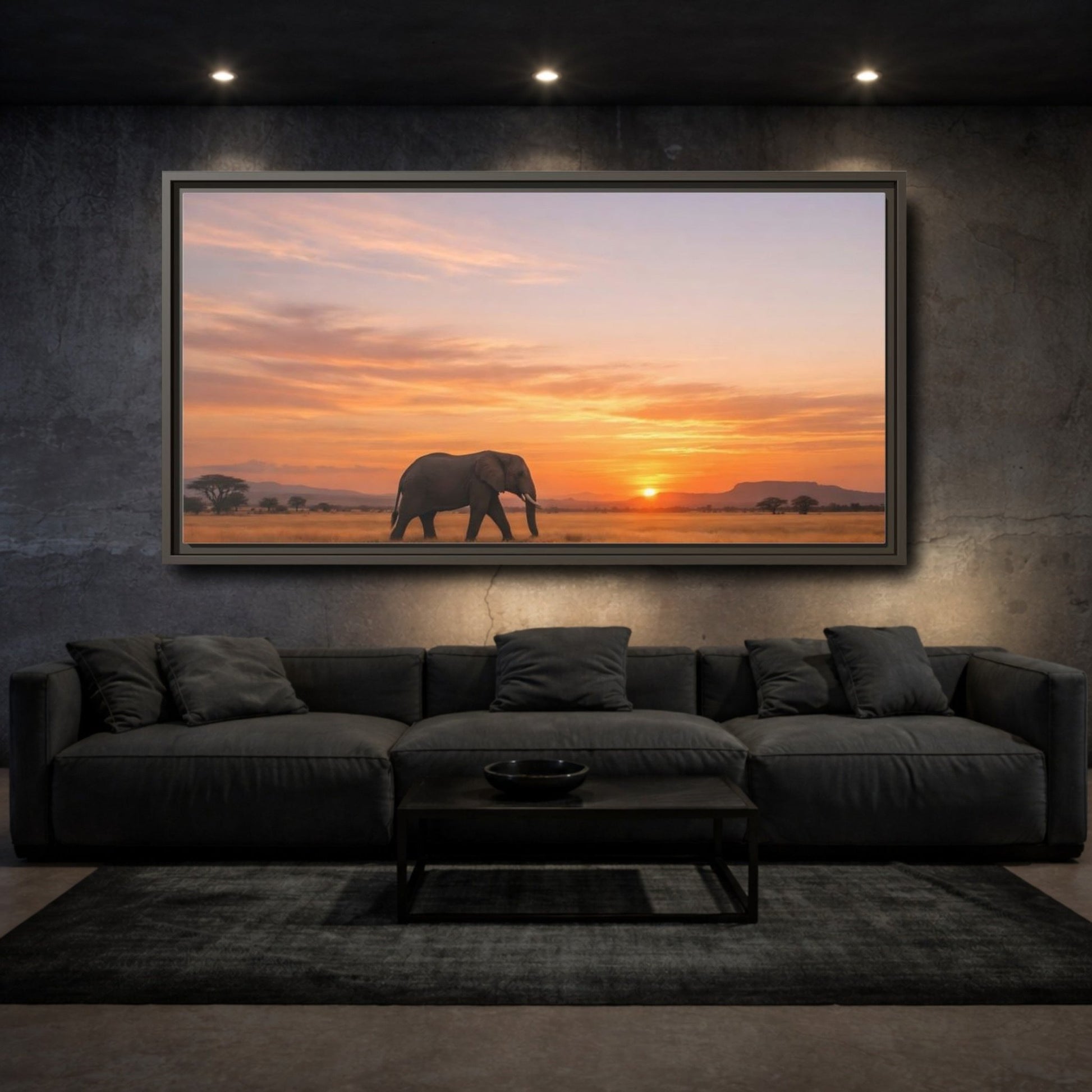 Landscape Animals Elephant Golden Sunset - Framed Canvas Wall Art Print - YesArtYes