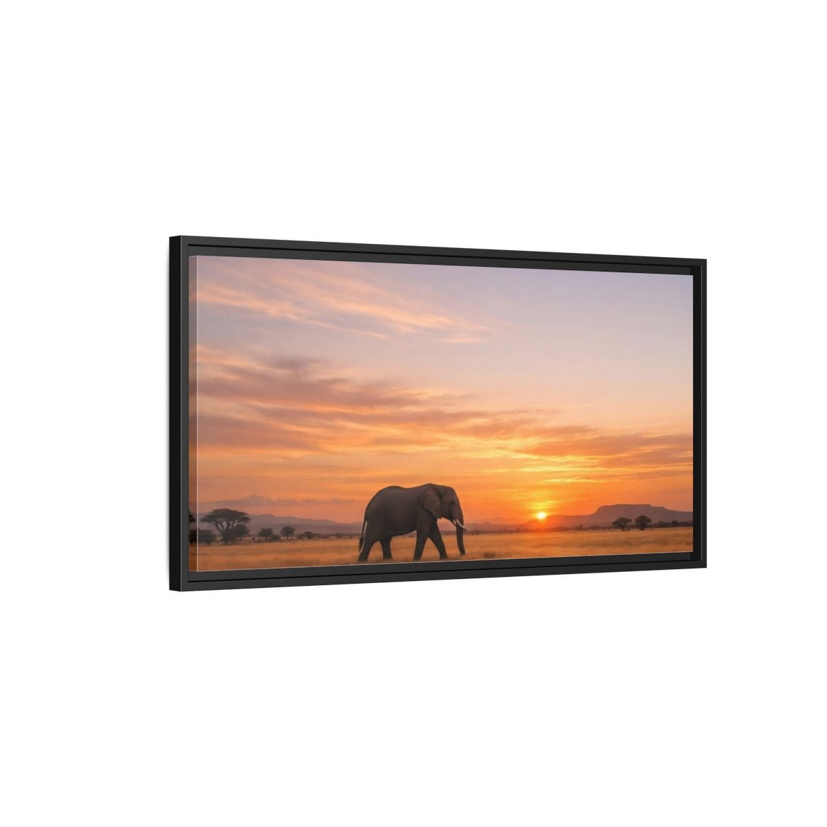 Landscape Animals Elephant Golden Sunset - Framed Canvas Wall Art Print - YesArtYes