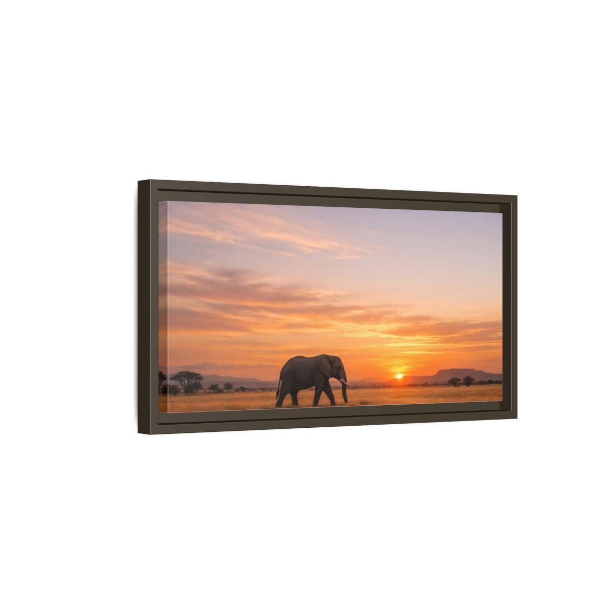 Landscape Animals Elephant Golden Sunset - Framed Canvas Wall Art Print - YesArtYes