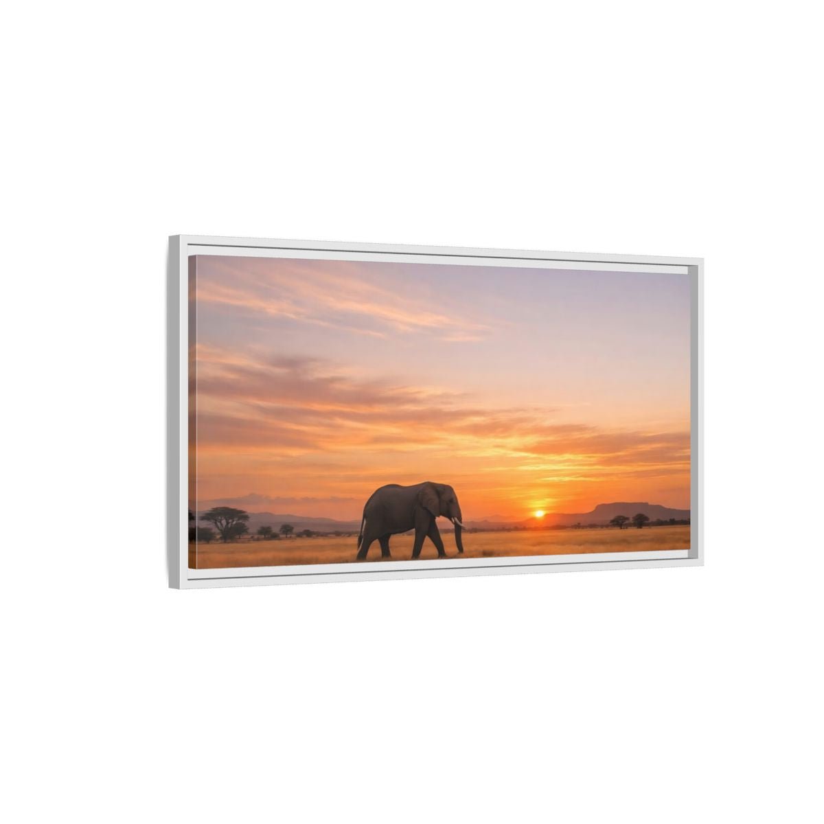 Landscape Animals Elephant Golden Sunset - Framed Canvas Wall Art Print - YesArtYes