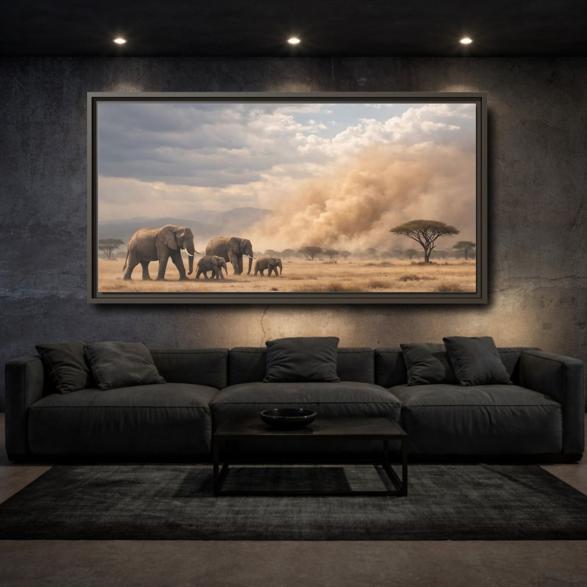 Landscape Animals Elephant Herd African - Framed Canvas Wall Art Print - YesArtYes